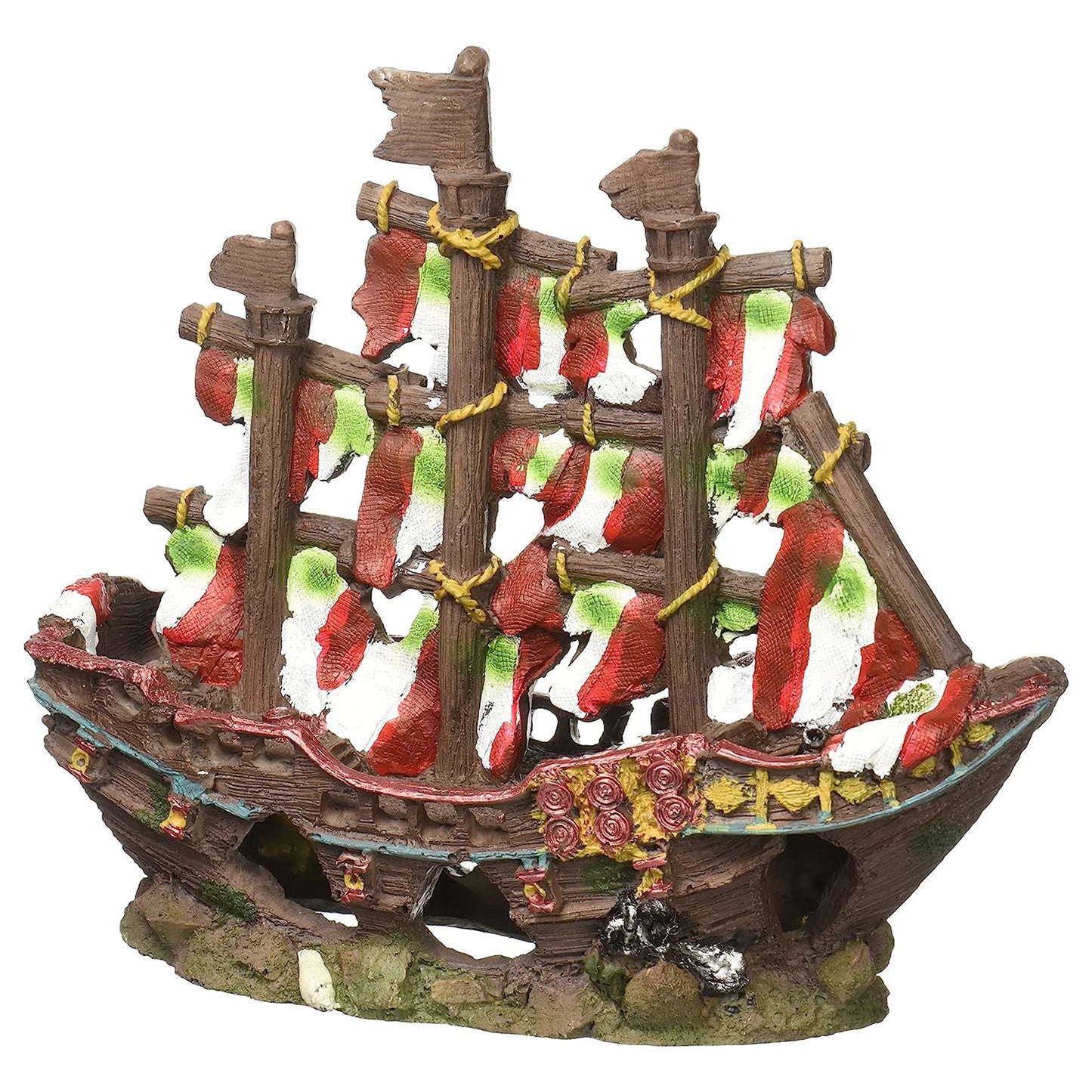 Penn-Plax Deco-Replicas Striped Pirate Ship Aquarium Ornament, Small, Multicolor