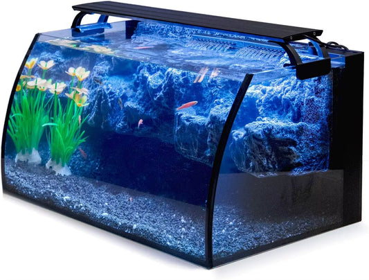 Horizon 8 Gallon LED Glass Aquarium Kit for Starters with 7W Power Filter Pump, 18W Colored Led Light, Wide View Curved S