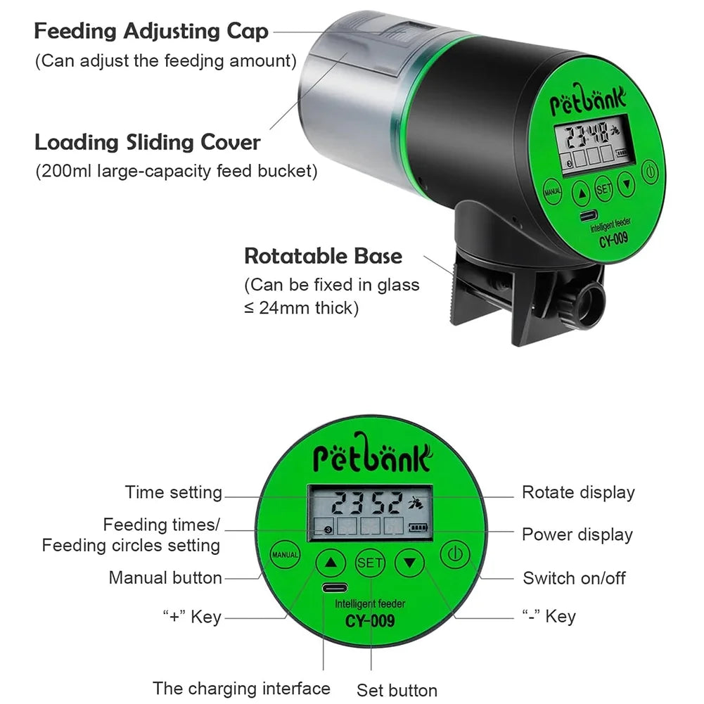 Petbank Automatic Feeder Aquarium, Fish Automatic Fish Feeder with Type-C Charging Cable, Fish Tank 200Ml Capacity Green