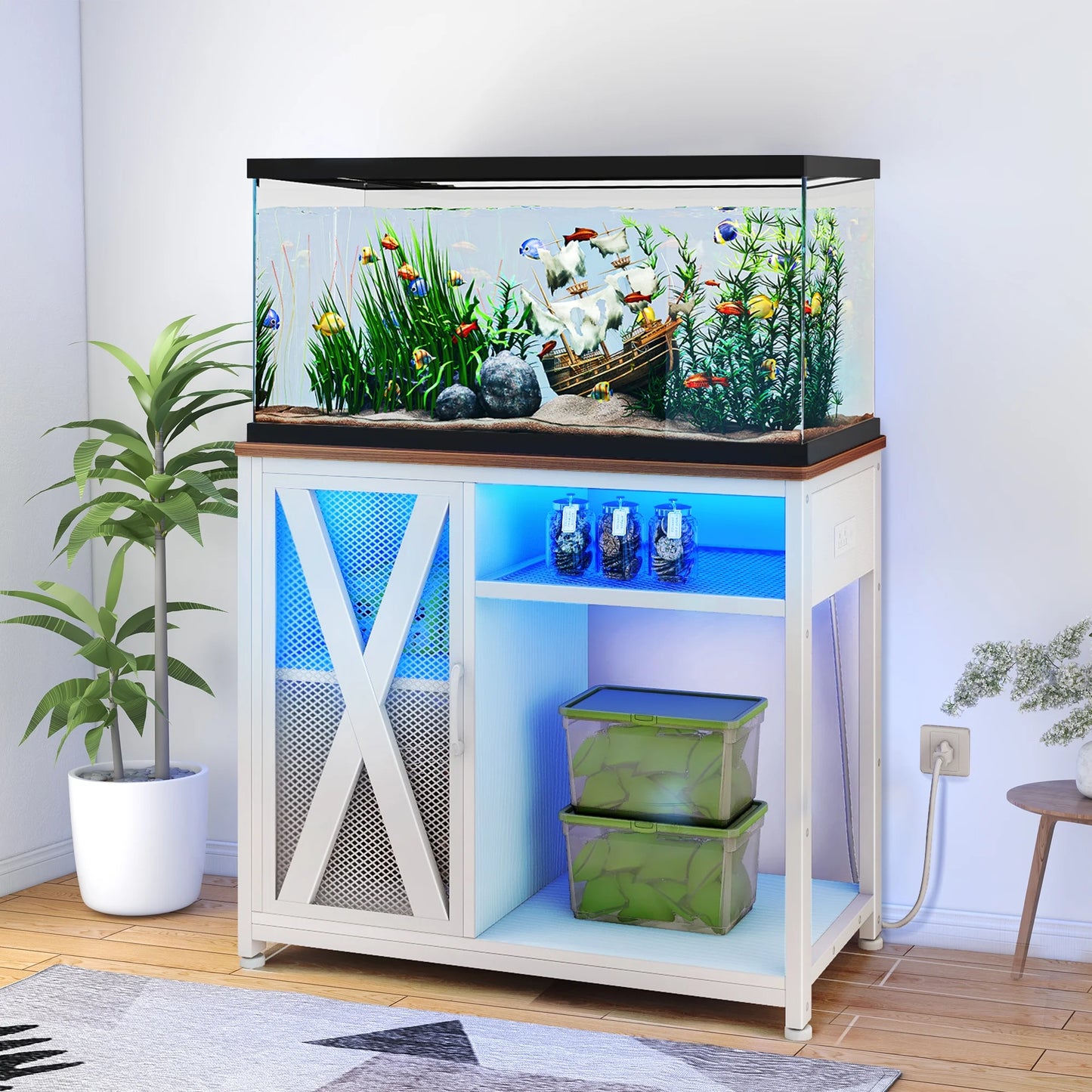 Dextrus Fish Tank Stand Metal Aquarium Stand with Power Outlets & LED Light and Cabinet, for 40-50 Gallon Aquarium Bearable 880LBS Capacity, Gray & Black