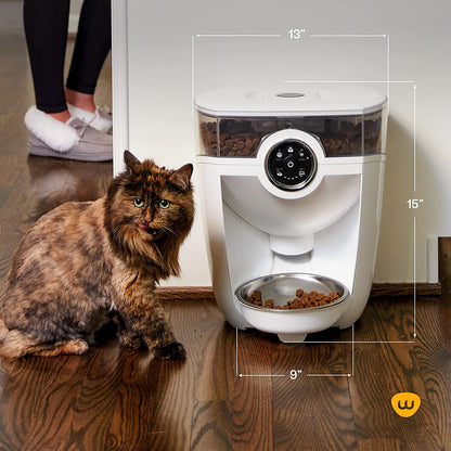 Feeder-Robot by , White with Smoke-Grey Hopper; Includes Backup Battery; Smart, Automatic Pet Feeder, Feed Your Cat or Dog from Anywhere, Designed & Assembled in USA