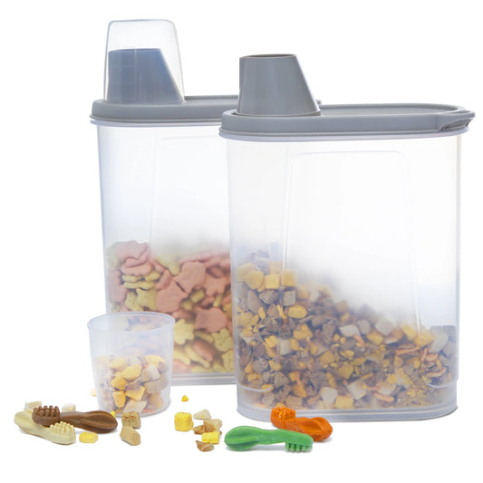 Pet Food Container 2.5 LB 2 PCS Dog Cat Plastic Food Storage with Measuring Cup Clear Grey