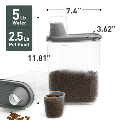 Pet Food Container 2.5 LB 2 PCS Dog Cat Plastic Food Storage with Measuring Cup Clear Grey