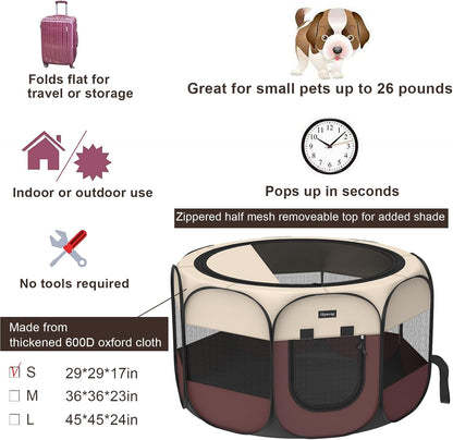 Portable Foldable Pet Dog Cat Playpen and Puppy Playpen Pet Tent with Carrying Case Collapsible Travel Bowl Indoor/Outdoor Use with Water Resistant and Removable Shade Cover