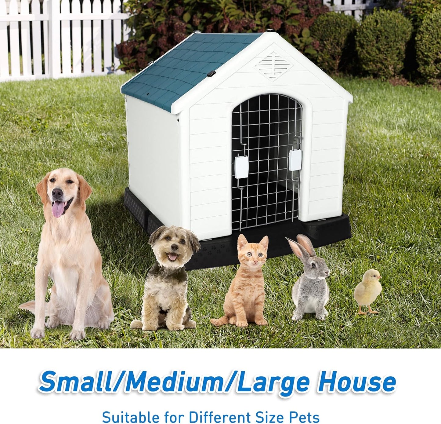 LUCKYERMORE Outdoor Dog House with Door Lightweight Plastic Pet Kennel Waterproof Windproof, Small