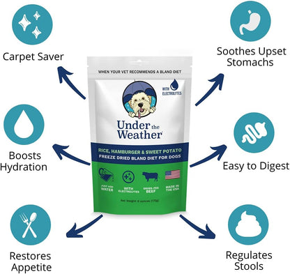 Bland Diet for Dogs | Easy to Digest for Sick Dogs |Always Be Ready| Contains Electrolytes - Natural Freeze Dried 100% Human Grade Meats| 1 Pack- Rice, Hamburger & Sweet Potato - 6Oz