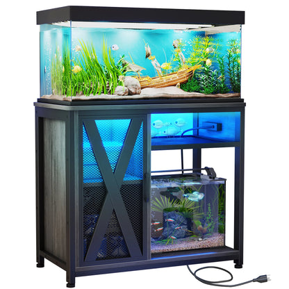 Dextrus Fish Tank Stand Metal Aquarium Stand with Power Outlets & LED Light and Cabinet, for 40-50 Gallon Aquarium Bearable 880LBS Capacity, Gray & Black