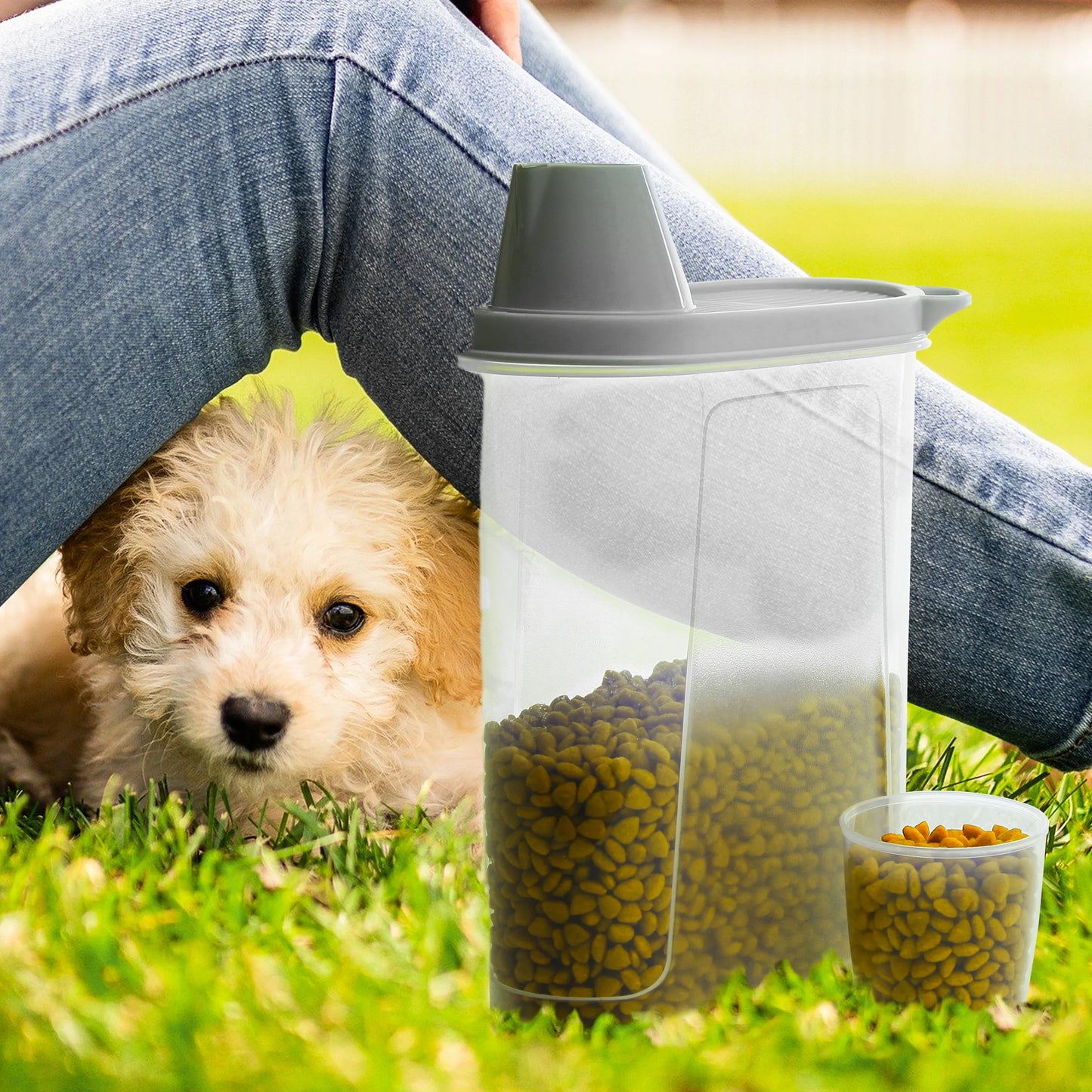 Pet Food Container 2.5 LB 2 PCS Dog Cat Plastic Food Storage with Measuring Cup Clear Grey