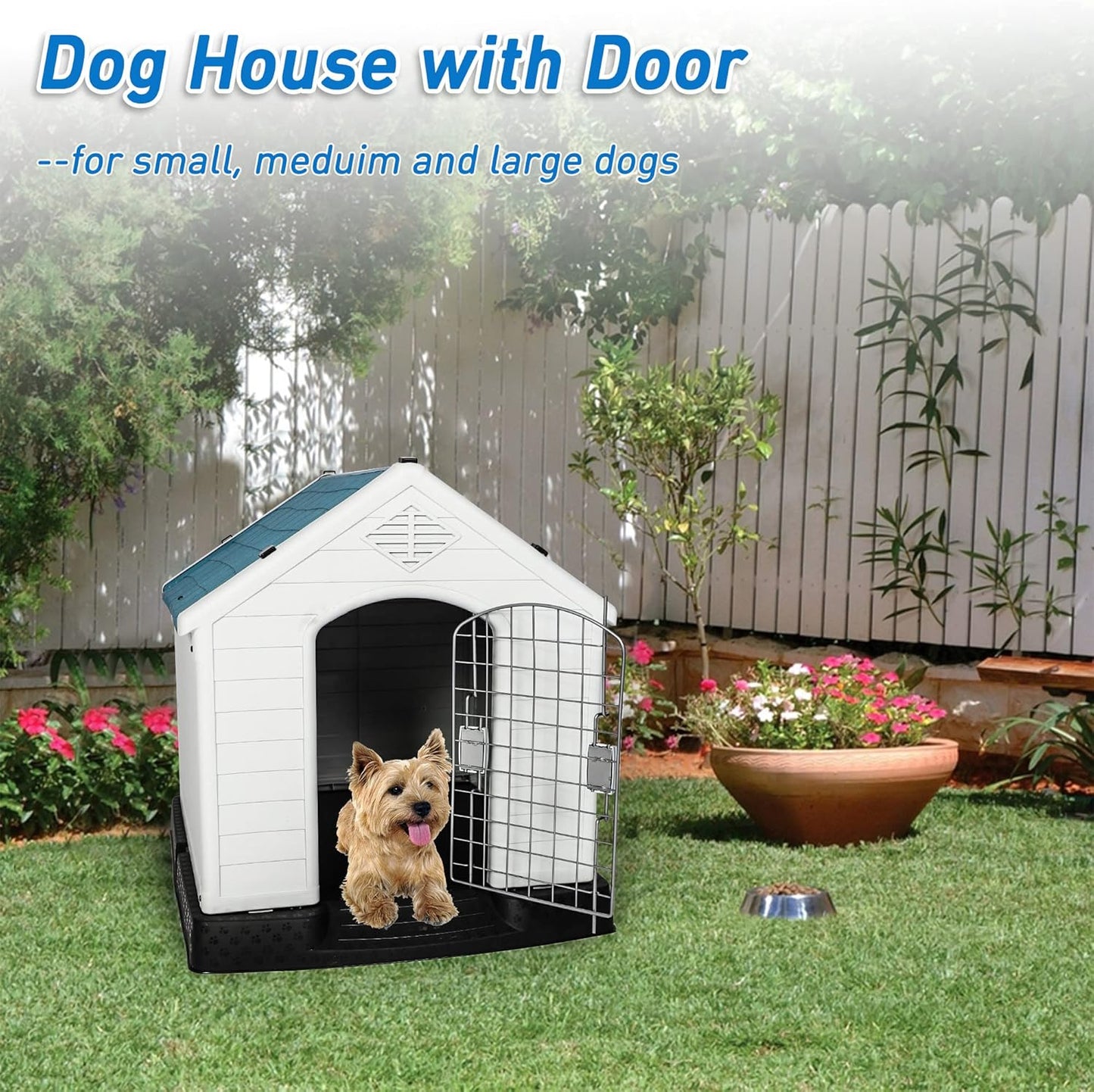 LUCKYERMORE Outdoor Dog House with Door Lightweight Plastic Pet Kennel Waterproof Windproof, Small