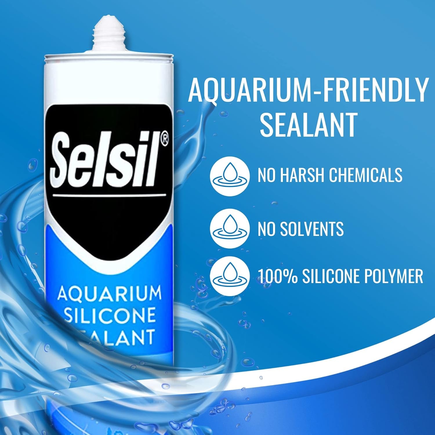 SELSIL Aquarium Silicone Clear Sealant - High Elasticity, Safe for Fish, Silicone Polymer, Solvent-Free, Ozone-Resistant Silicone Sealant for Freshwater and Saltwater, Transparent 10.14 Fl Oz, 1 Pack