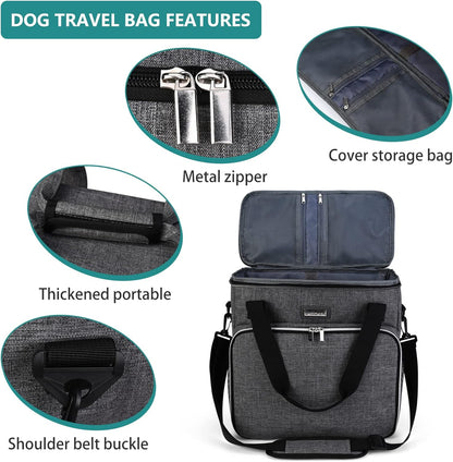 Dog Travel Bag, Pet Travel Bag (ALL Pet Travel Supplies), with 2 Pet Food Containers and 2 Collapsible Silicone Bowls; Essential Kits for Pet Travel Grey