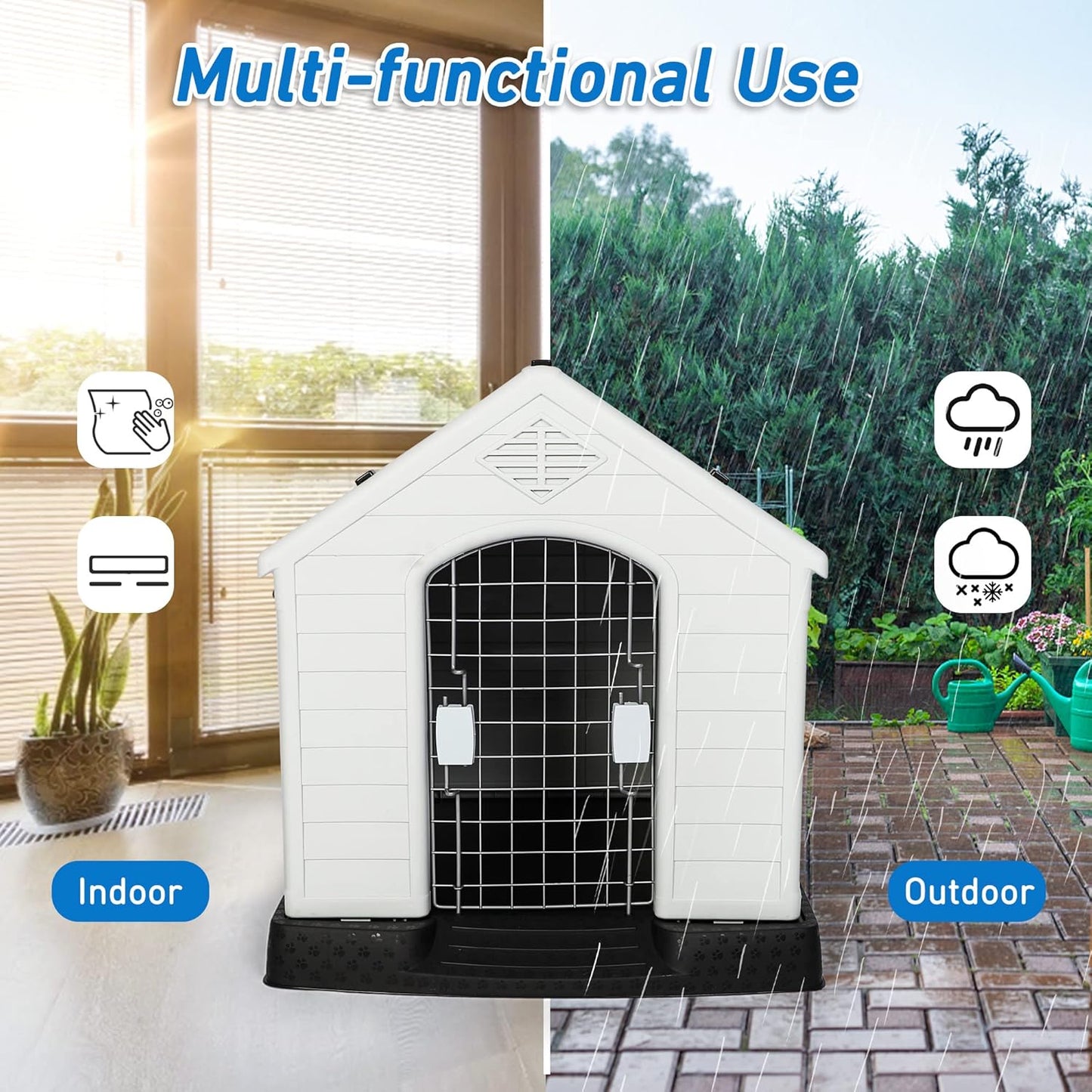 LUCKYERMORE Outdoor Dog House with Door Lightweight Plastic Pet Kennel Waterproof Windproof, Small