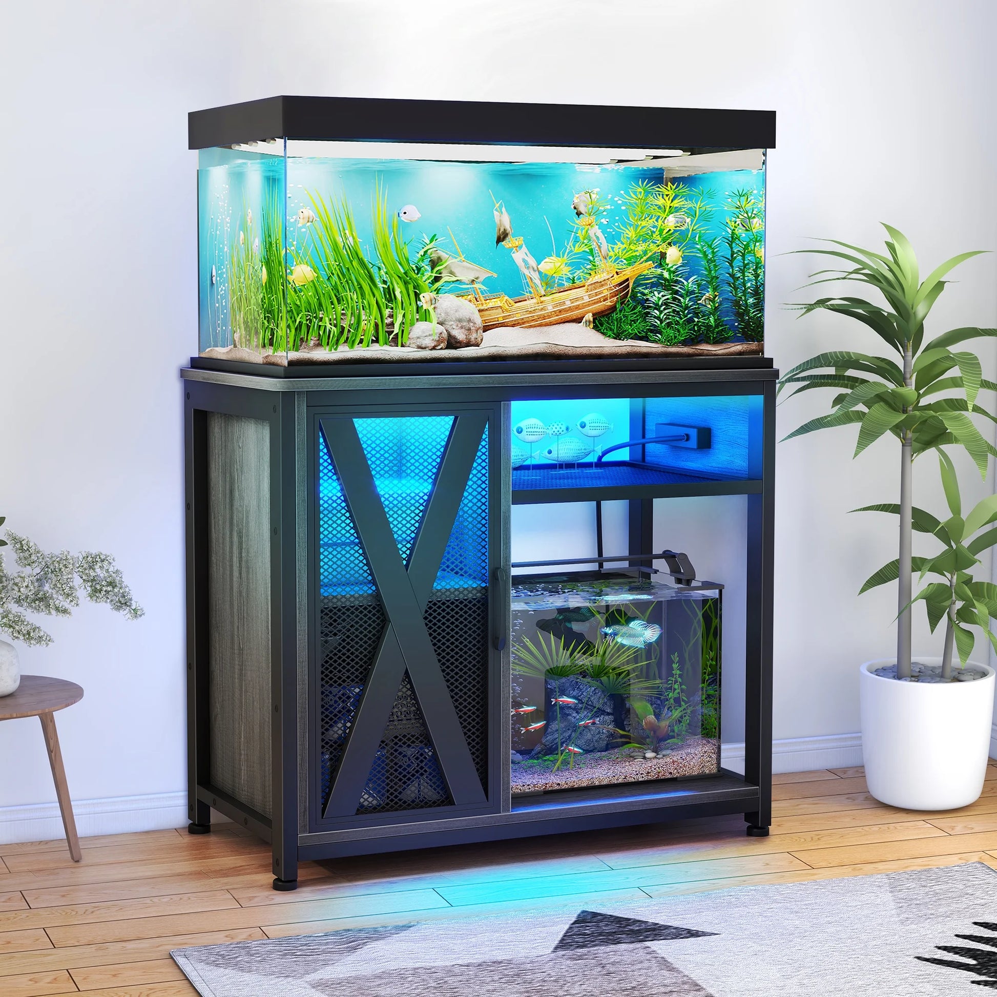 Dextrus Fish Tank Stand Metal Aquarium Stand with Power Outlets & LED Light and Cabinet, for 40-50 Gallon Aquarium Bearable 880LBS Capacity, Gray & Black