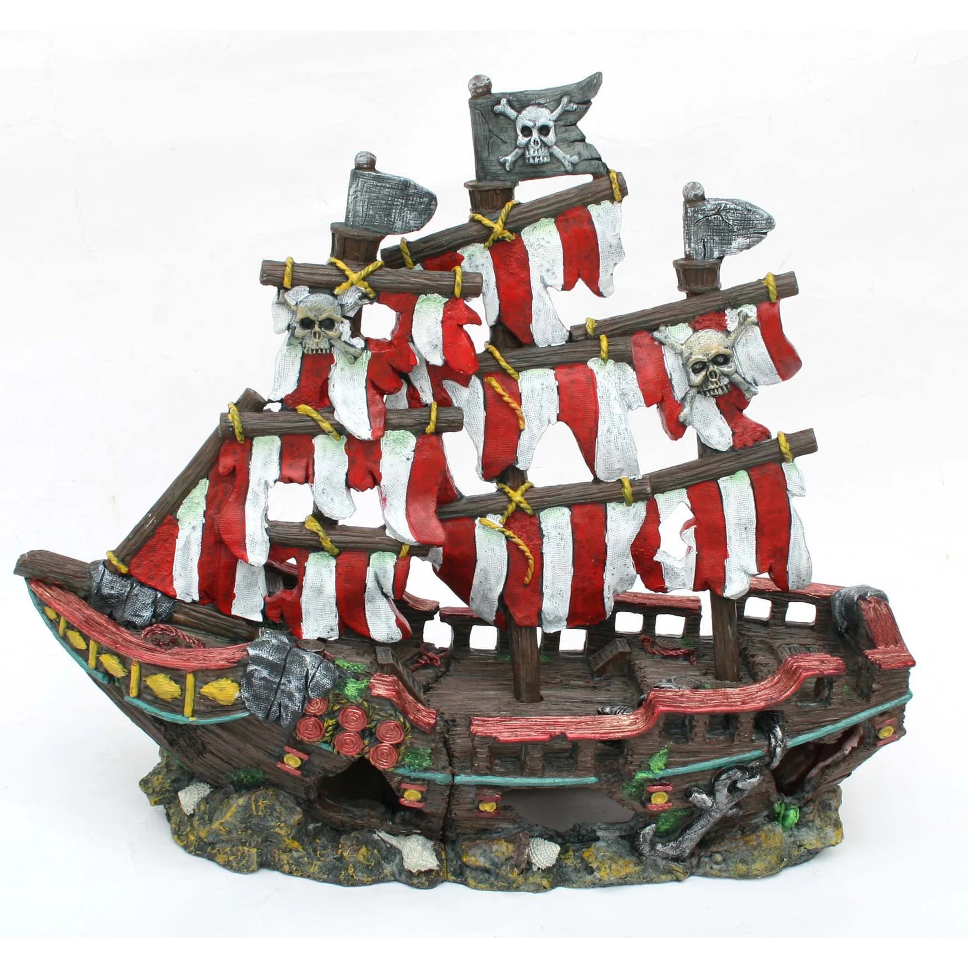 Penn-Plax Deco-Replicas Striped Pirate Ship Aquarium Ornament, Small, Multicolor