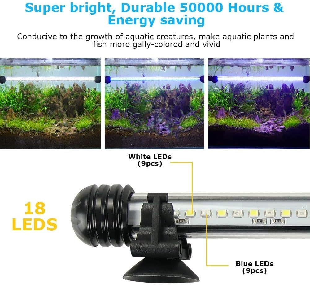 Aquarium Light for Fish Tank,Auto On/Off Submersible White and Blue Aquarium Plant Light with Timer and Dimming Function (7.5 Inch （Timer & Dimming Function)