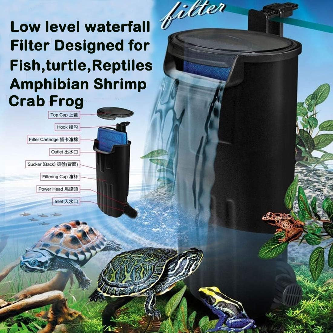 Aquarium Turtle Filter Waterfall Flow Water Clean Pump Bio-Filtration for Reptiles Tank Low Level Waterfall Filter for Small Fish Tank Turtle Tank Shrimp Amphibian Frog Crab (Aquarium Filter)