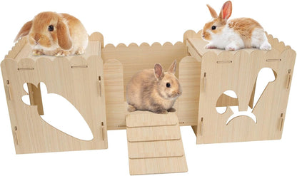 Biggun Wooden Rabbit Castle Hideout Tunnel Playhouse- Large Handmade Bunny Rabbit Castle Small Animal Rest and Play House with Ladder & Tunnel for Chinchilla Guinea Pig Hamster Hideout Habitat